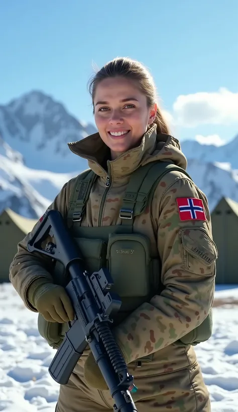 (Ultra-realistic, 8K, HDR, photorealistic:1.4) A Norwegian female soldier smiling confidently while standing in a sunlit Arctic training ground, looking directly at the camera. She wears a winter camouflage uniform with the Norwegian flag patch and holds a...