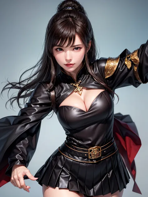 (Masterpiece :1.2, best quality ), beautiful illustrations , (natural side lighting, movie lighting,simple background),(((pleated skirt, a woman wearing black armor and a black cloak))), 1 person,long hair,asymmetrical bangs,Cleavage , Thin Waist High Defi...