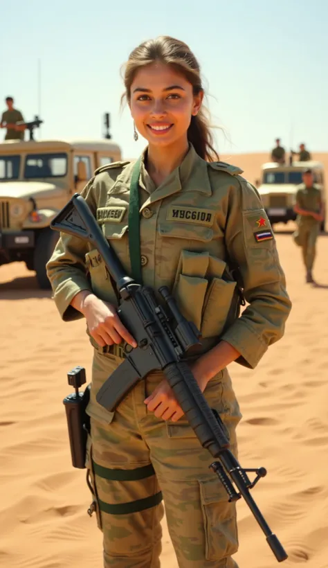 (Ultra-realistic, 8K, HDR, photorealistic:1.4) A proud Pakistani female soldier standing in a bright desert training field, smiling at the camera. She wears a well-textured Pakistan Army camouflage uniform with a G3 rifle in hand. The background features m...