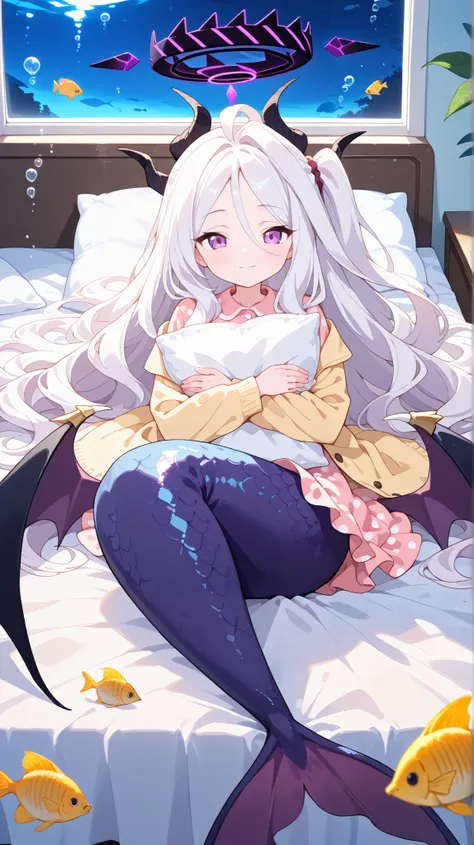 8K, best quality, hina (blue archive),blue archive,window, ((mermaid, purple scales, happy, light smile, looking at viewer), laying, on bed, hugging pillow, sleepy, bed sheet, pillow, underwater, bubbles, fish, 1girl, long hair, purple eyes, ahoge, blush, ...