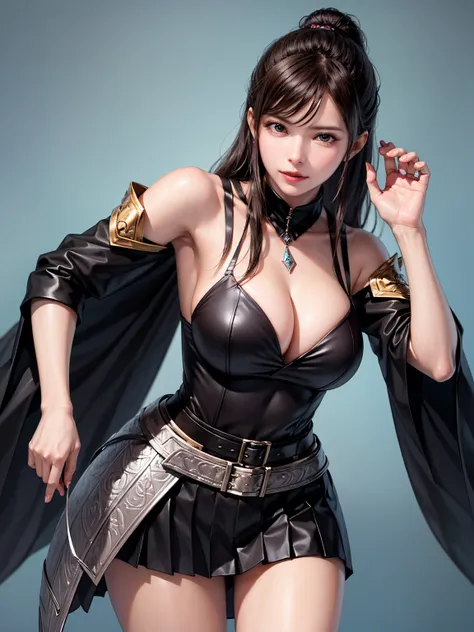 (Masterpiece :1.2, best quality ), beautiful illustrations , (natural side lighting, movie lighting,simple background),(((pleated skirt, a woman wearing black armor and a black cloak))), 1 person,long hair,asymmetrical bangs,Cleavage , Thin Waist High Defi...