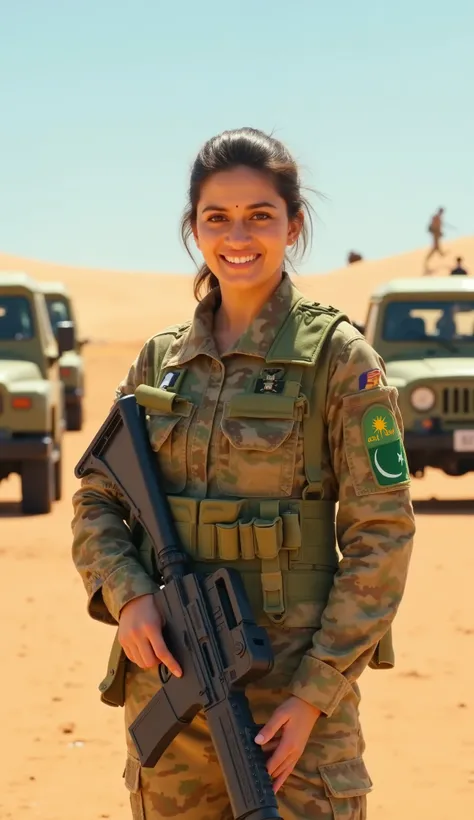 (Ultra-realistic, 8K, HDR, photorealistic:1.4) A proud Pakistani female soldier standing in a bright desert training field, smiling at the camera. She wears a well-textured Pakistan Army camouflage uniform with a G3 rifle in hand. The background features m...