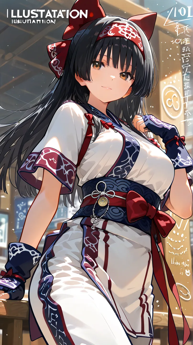 masterpiece, best quality,1girl, solo, nakorurums, red bow, bow, long hair, hair bow, ainu clothes, solo, hairband, black hair, fingerless gloves, short sleeves, gloves, sash, bangs, red hairband, breasts, brown eyes, white pants, japanese clothes, masterp...