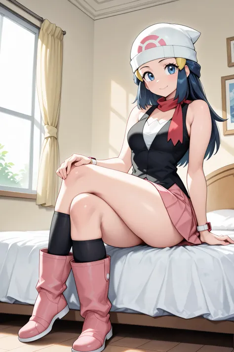 1 girl, solo, female only,
(Dawn\(pokemon\), pokemon character,)
long hair, dark blue hair, sidelocks,
hair ornament,
blue eyes,
Dawn\(pokemon\) outfit,
beanie, white headwear, hat,
scraf, red scarf,
shirt, bare shoulders, black shirt,
white unders...