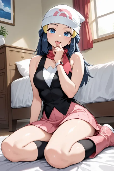 1 girl, solo, female only, SFW,
(Dawn\(pokemon\), pokemon character,)
long hair, dark blue hair, sidelocks,
hair ornament,
blue eyes,
Dawn\(pokemon\) outfit,
beanie, white headwear, hat,
scraf, red scarf,
shirt, bare shoulders, black shirt,
white ...