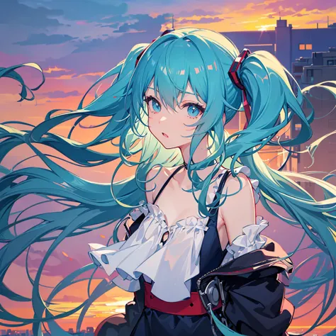 （（top quality））、（（masterpiece））、（（High Precision））、（（details））、,、front、upper body、My chest is small and flat、Her hair is light blue、twin tails、long hair、The background is a beautiful sunset sky、Spectacular sunset with great depth for a sense of perspective...