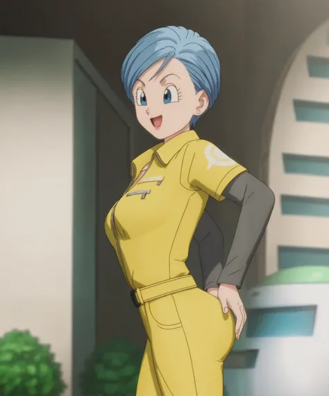 source_anime, score_9, score_8_up, score_7_up, anime screencap,8k, absurd res, 
bulma, 1girl, solo, breasts, smile, short hair, open mouth, blue eyes, jewelry, blue hair, earrings, cowboy shot, belt, hand on own ass, looking at ass, yellow jumpsuit, black ...