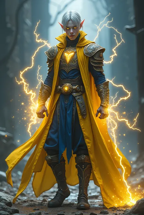 A typical elf, he has silver or electric yellow hair that glows faintly in the light, and vibrant eyes of lightning yellow or bright gold, pulsing with energy. His skin can be pale with blue or gray highlights like storm clouds, often marked by luminous ve...