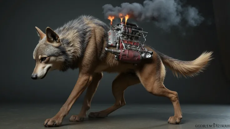 The image features a surreal fusion of a wild creature, combining the fierce head and front legs of a gas-powered running wolf with the robust back legs of a mechanical contraption. The wolf's fierce gaze is accentuated by the glint of metal, while its mus...