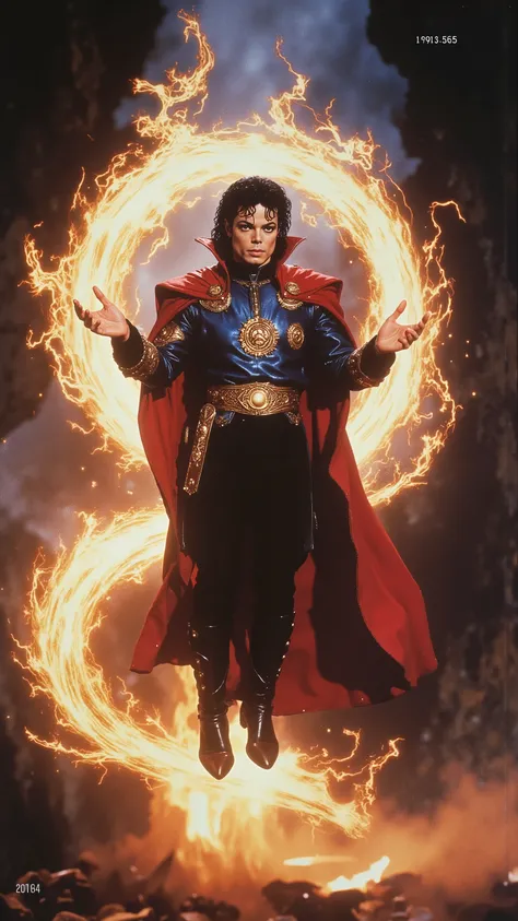 Michael Jackson as Doctor Strange, floating in the air, casting a powerful spell with glowing, crackling magical energy swirling around him, wearing the Cloak of Levitation, mystical symbols in the air, dramatic lighting, 80s VHS aesthetics, soft glow, ana...