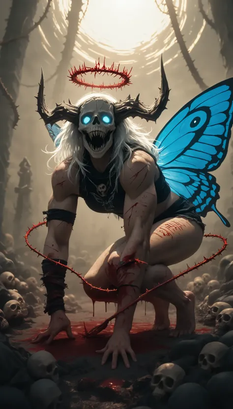 (masterpiece, best quality), best score , amazing quality, very aesthetic, highres, newer, 8K, HIGH CONTRAST,deep scars, cocoon on the back,butterfly wings , skull split in half, muscular arms,abomination, muscle, whip with spikes, bloody chains, armado, ...