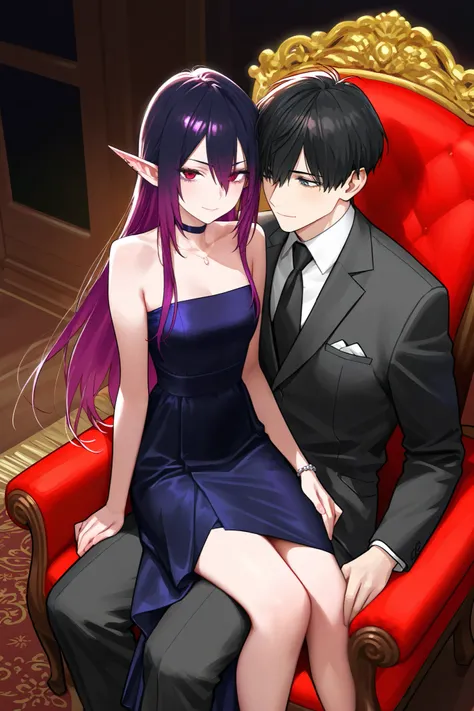 A 20-something handsome, black-haired young man in a midcentury dress sits on an upscale chair in the middle, and a gorgeous elf girl with purple highlights in a black checkery-looking ratie dress sits on a man's lap.