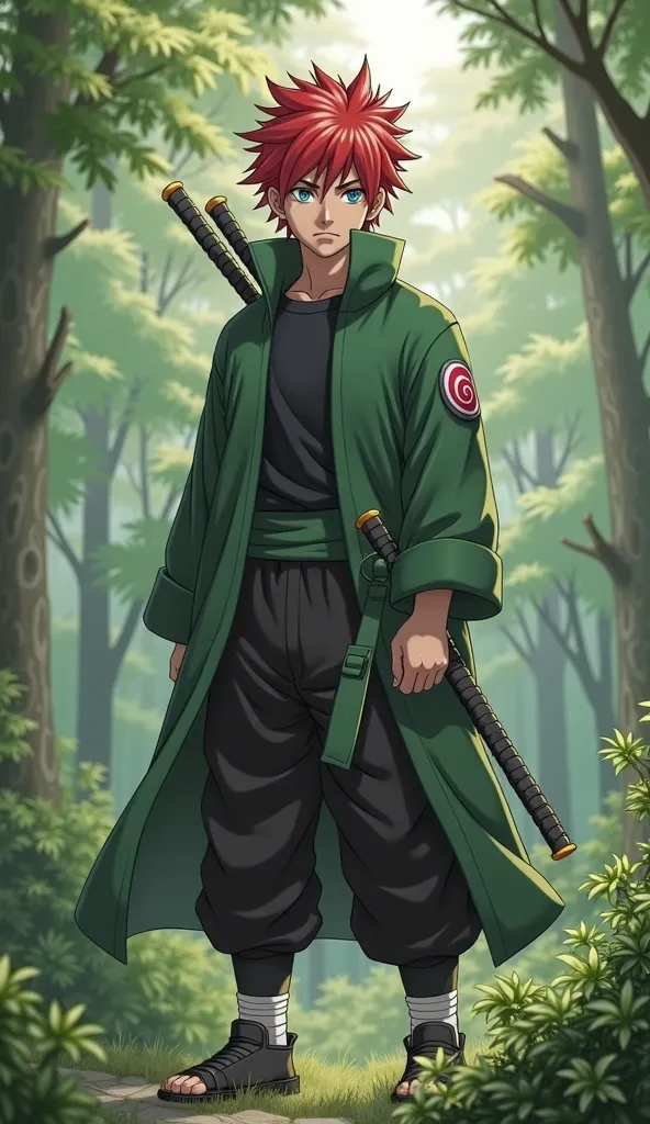 1man, 18 years old, uzumaki clan, naruto style, red hair, holding two katanas, ninja ribbon, in nature, black clothes, sobretudo verde aberto, blue eyes, 