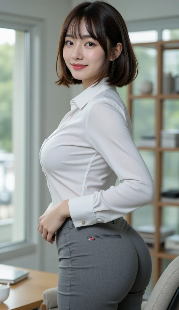  top quality,  Photorealistic, 8k,   high image quality ,    female 1 person、smile、 Beautiful and perfect proportions  , Beautiful big 、 backshot、 Butt Closeup、Office District 、grey pantsuit ,  white blouse , Staff ID card  ,work, short hair bangs