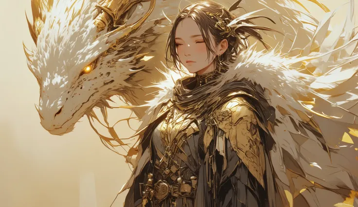 A determined young warrior stands next to the majestic, by an ethereal white dragon with a massive head, gently resting next to her. Dragon mane-like scales are soft and flowing, cloaks mixing blending with bunches of white fur, dotted with gold accents. E...