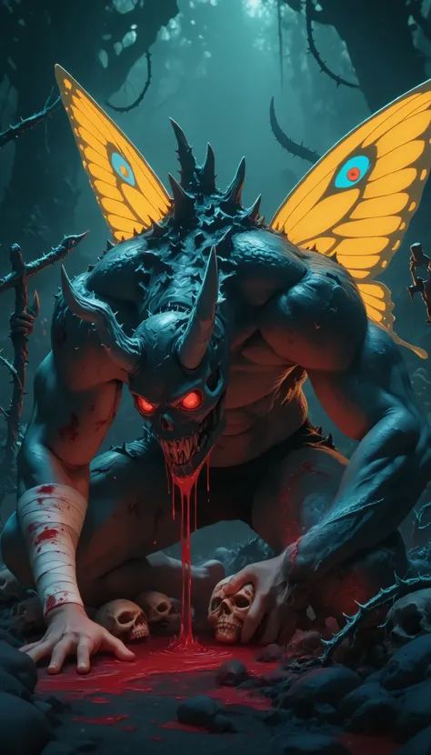 (masterpiece, best quality), best score , amazing quality, very aesthetic, highres, newer, 8K, HIGH CONTRAST,deep scars, cocoon on the back,butterfly wings , skull split in half, muscular arms,abomination, muscle, whip with spikes, bloody chains, armado, ...