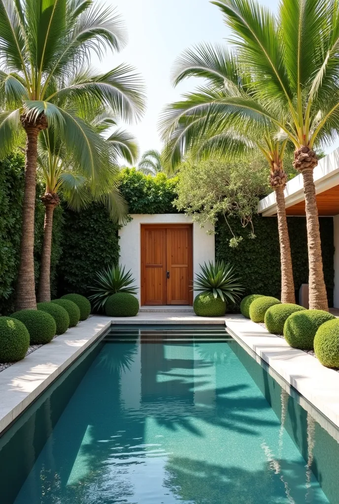 Landscaping at the back of a residence with a square pool with a wooden shower and a landscaping next to the wall with only palm trees and round boxwood 