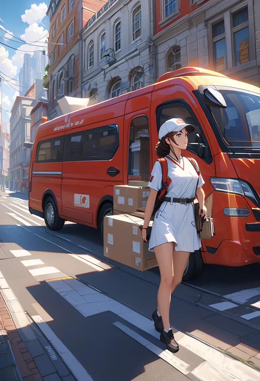 Female courier, Touring, Shipping  , On the city streets, high detail, 4K, masterpiece.