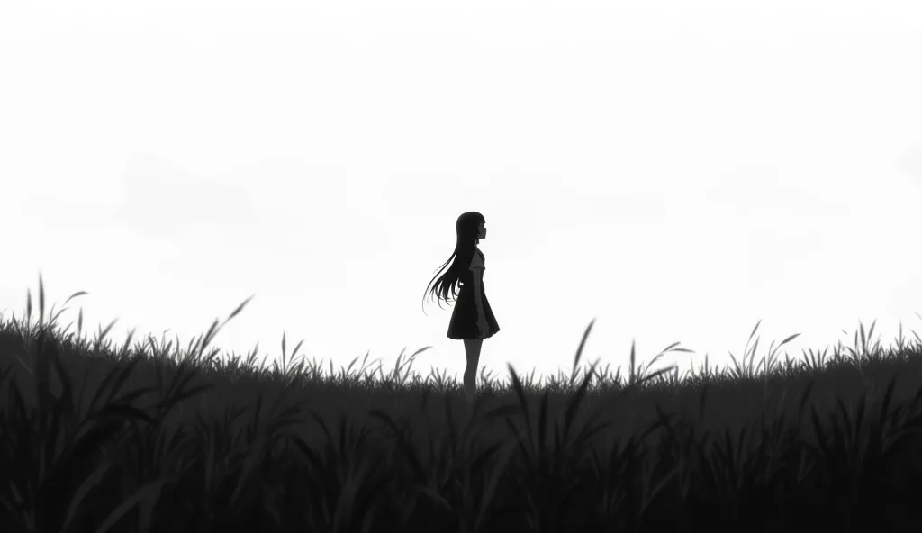 create me wallpapers in very good quality for 1920 1080 anime where a girl is in the field where her back is visible photo black and white 