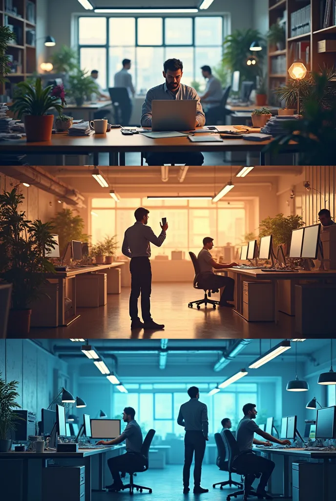 three images showing inefficiency, work performance and operational efficiency