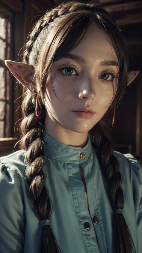 In realistic portrait of high quality and detail, Frieren (Sousou no Frieren), movie style, european, A petite elf with green eyes, thick eyebrows and long white hair parted in the middle and braided into two high pigtails. Like all elves, she has large po...