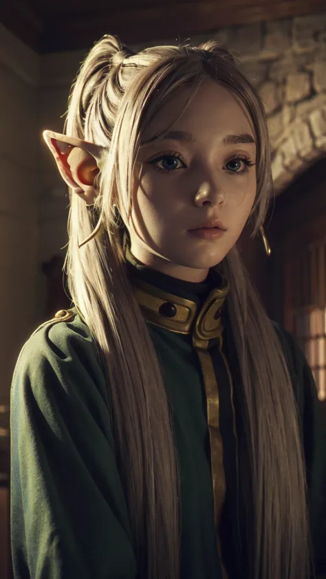 In realistic portrait of high quality and detail, Frieren (Sousou no Frieren), movie style, european, A petite elf with green eyes, thick eyebrows and long white hair parted in the middle and braided into two high pigtails. Like all elves, she has large po...