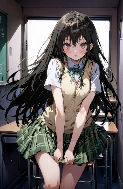 score_9, score_8_up, score_7_up,  source_anime,
Yuikotegawa,  Yui Kotegawa , Alone,black hair, brown eyes, long hair,
green skirt, thigh plaid, thigh plaid skirt, sainan high school uniform, school uniform, skirt, sweater vest,  yellow sweater, Short sleev...