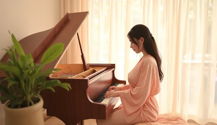"A young Japanese doll-style pianist playing the piano in a minimalist setting, with soft lighting and pastel tones. She has large, perfect breasts, a delicate and beautiful small face, wearing an open silk robe. The setting conveys tranquility and focus, ...