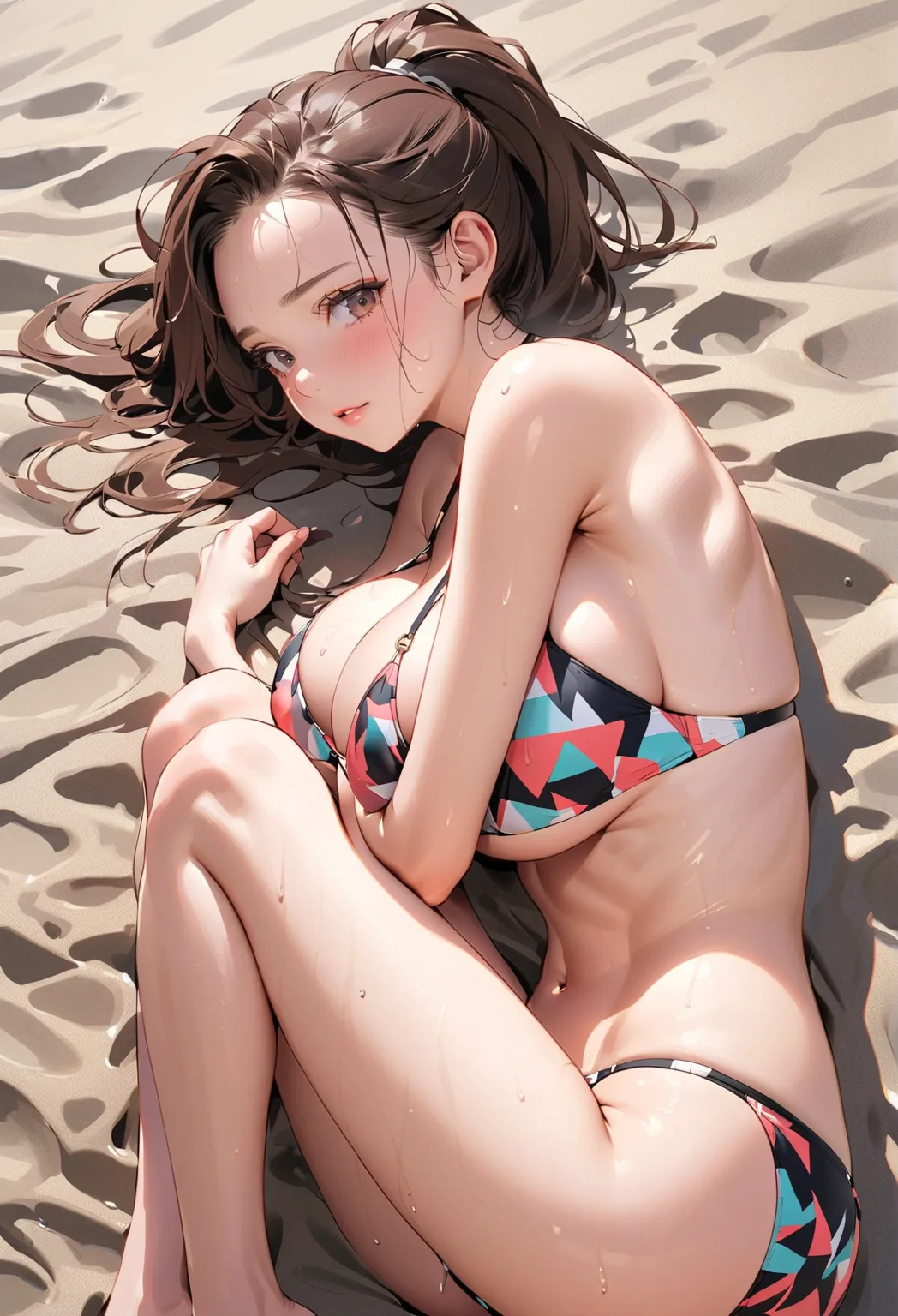 1 girl,brown hair,forehead,ponytail,triangle-bikini,Groin,supine, from the face to the knees ,anatomically accurate,(bigger breasts in bikinis:1.2),embarrassing、full of sweat,wet