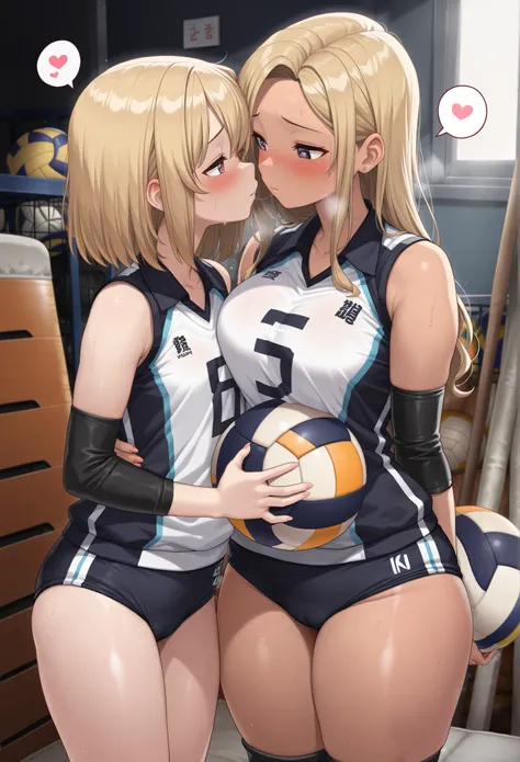 masterpiece, best quality, amazing quality, 2 girl, (gyaru:1.2), volleyball uniform, buruma, holding ball, (yuri:1.4), hugging each other, kiss, holding ball, (young women:1.4), thick thighs, Collared volleyball uniforms, sleeveless, (buruma:1.2), volleyba...