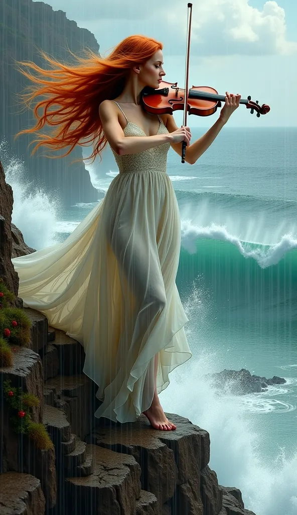 woman with flawless features, long red hair swirls in the wind, passionately plays violin on a rugged cliff, wild sea below with high waves, rain falls in cascades, hyperrealistic surrealist masterpiece, fusion of artistic styles, reflecting Jose Royo, Bor...