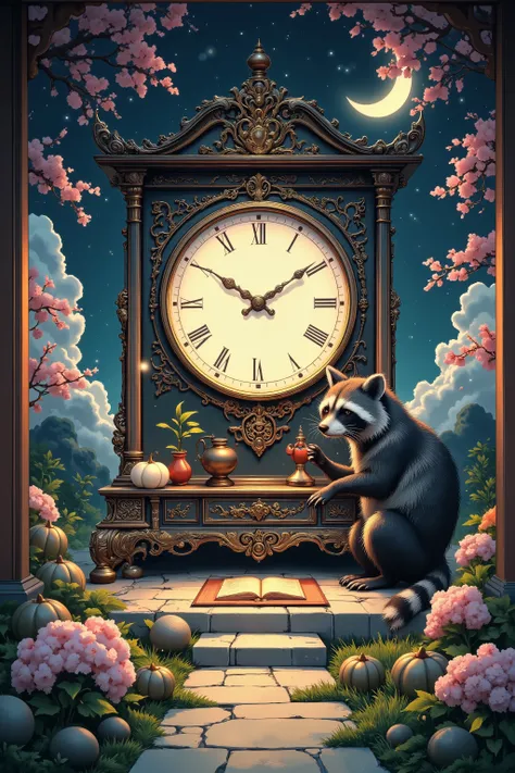 ArsMJStyle, Zen Ink Wash Sumi-e,Raccoon and Kagami Clock,(News style),月、ススキ