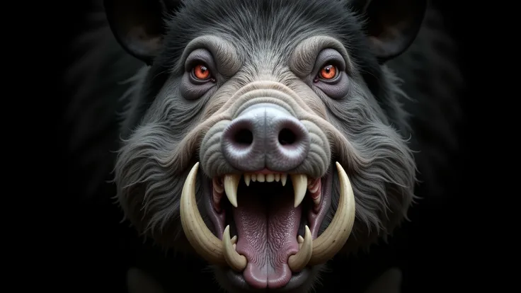 A monstrous boar with two pairs of large fangs. Its fur is grayish-black, bristling with a coarse texture, and its red eyes glow menacingly. The depiction is realistic, emphasizing the boar's intimidating size and fierce presence. bloodstained fangs.