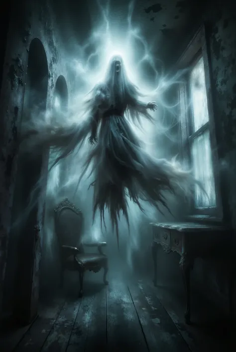 score_9, score_8_up, score_7_up. epic realistic, RAW, analog, A full portrait of Haunted mansion in dark night, poltergeist apparition, floating heavy furniture, far view. natural look, no make up,  masterpiece that captures the essence and eerie of the ha...
