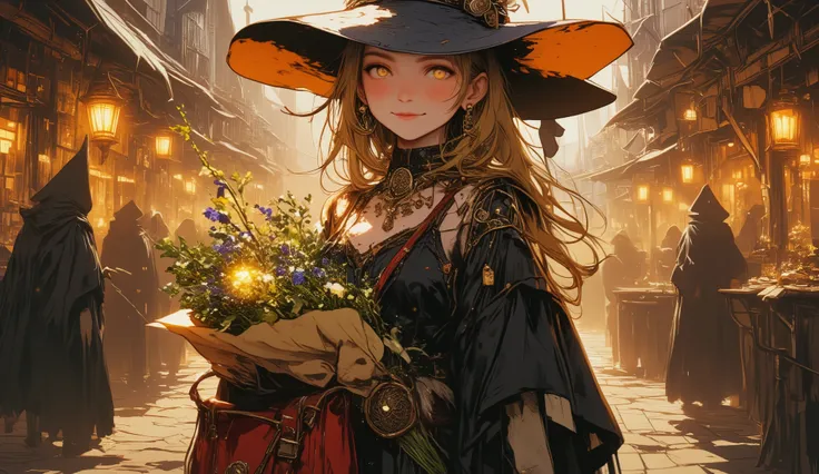 A whimsical witch with flowing golden hair cascading down her back, wearing a wide-brimmed black hat with an orange underside. Her confident smile and piercing gaze exude charm. She’s clad in a dark, intricately detailed outfit adorned with beads, feathers...