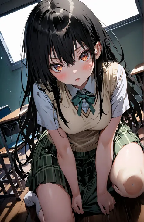 score_9, score_8_up, score_7_up,  source_anime,
Yuikotegawa,  Yui Kotegawa , Alone,black hair, brown eyes, long hair,
green skirt, thigh plaid, thigh plaid skirt, sainan high school uniform, school uniform, skirt, sweater vest,  yellow sweater, Short sleev...