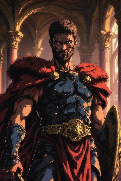 man,with short black hair , short beard , Sicatriz on the left eye, wearing gladiator Black armor, Inside a luxurious castle , brown eyes, imposing expression.