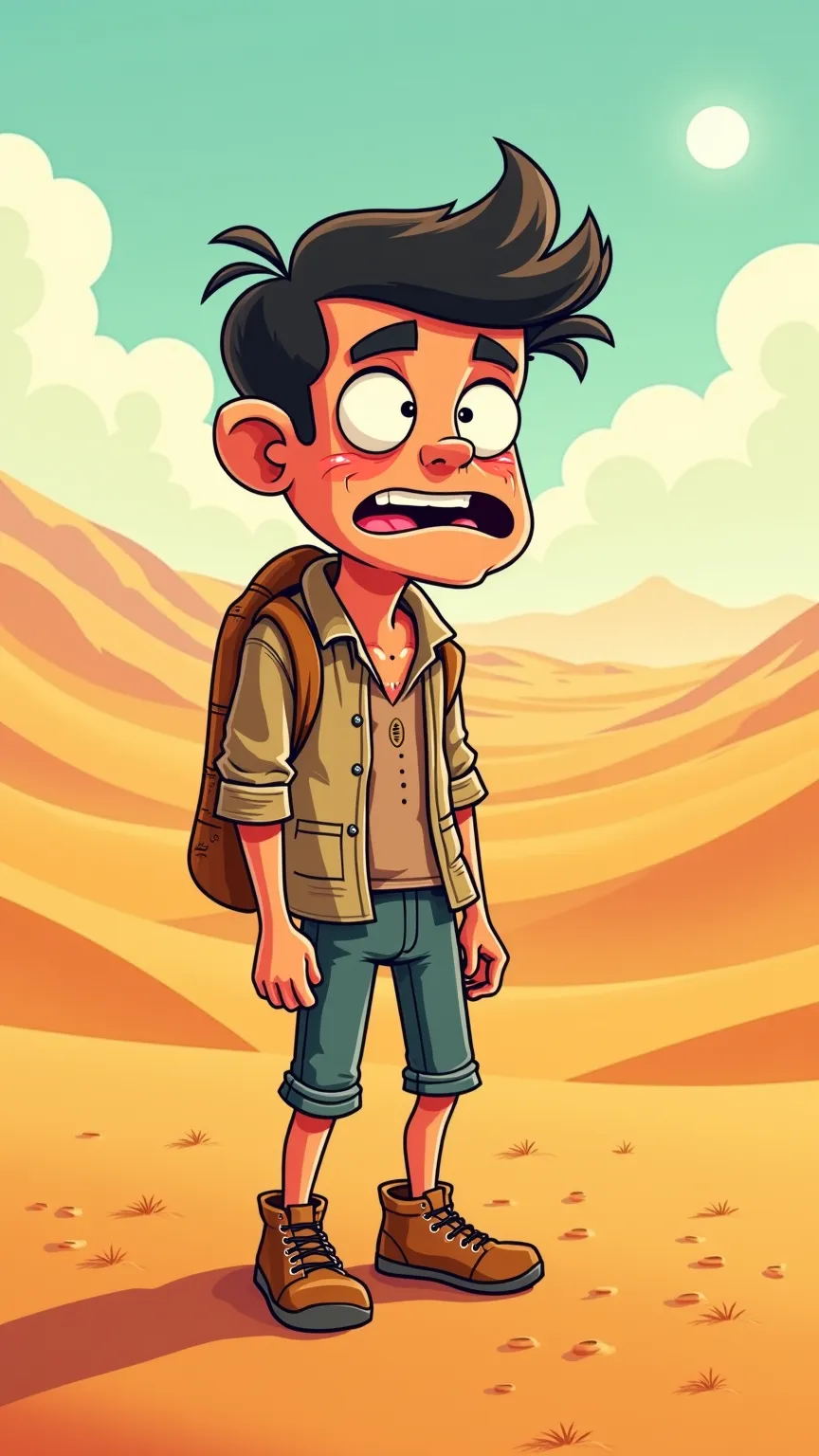 A cartoon-style illustration of a lost man in the desert, inspired by Genildo Classic charge-style. The man has exaggerated facial expressions of exhaustion and desperation, with wide, tired eyes and an open mouth. His clothes are tattered, and he is sweat...