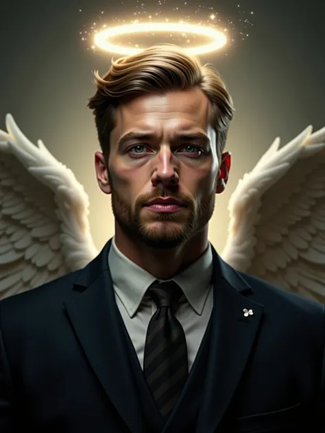 A handsome and well dressed man with an angel halo over his head, realistic, textured skin