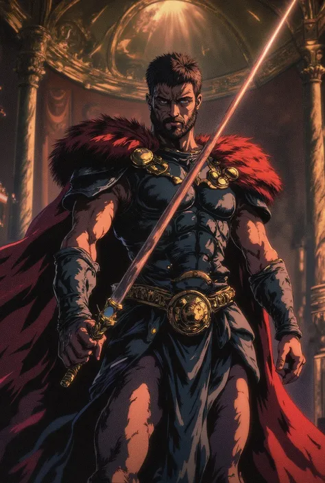 man,with short black hair , short beard , Sicatriz on the left eye, wearing gladiator Black armor, Inside a luxurious castle , brown eyes, imposing expression.