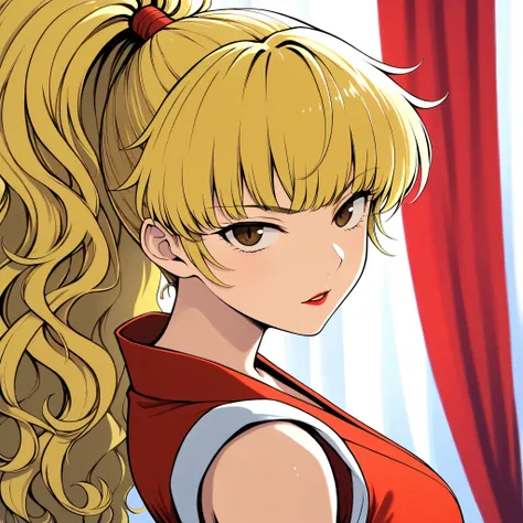 portrait,((middle part with curtain bangs)),wavy hair　from above,.parted curtain bangs.　tsurime,　maki genryusai.　facing viewer　、feathered light bangs、　　1girl, genryuusai maki, high ponytail, blonde hair, brown eyes, red scrunchies 	,Long hair ,center-flap ...