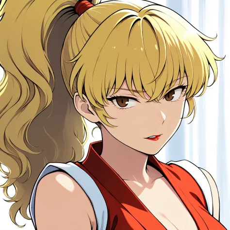 portrait,((middle part with curtain bangs)),wavy hair from below,.parted curtain bangs. tsurime, maki genryusai. facing viewer 、feathered light bangs、 1girl, genryuusai maki, high ponytail, blonde hair, brown eyes, red scrunchies ,Long hair ,center-flap ...