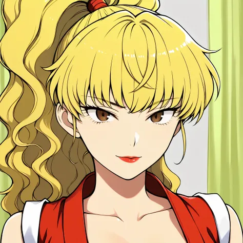 portrait,((middle part with curtain bangs)),wavy hair　.parted curtain bangs.　tsurime,　maki genryusai.　facing viewer　、feathered light bangs、　　1girl, genryuusai maki, high ponytail, blonde hair, brown eyes, red scrunchies 	,Long hair ,center-flap bangs、parte...