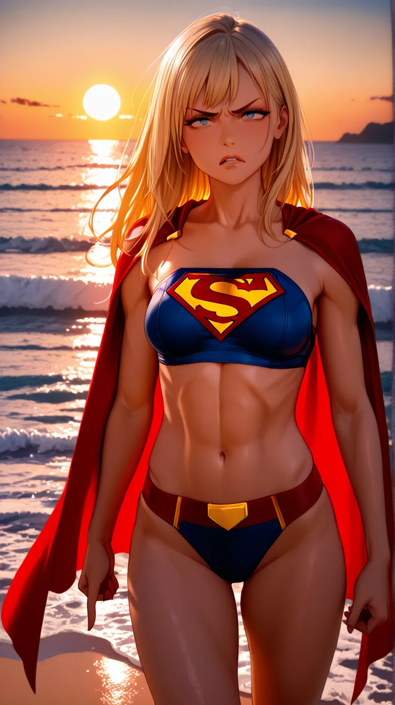 A highly detailed 3D-style scene set on a tropical beach at sunset, featuring Supergirl wearing a red and blue swimsuit with a flowing red cape. She stands strong and powerful, pointing directly at the screen with an intense, angry expression on her face. ...