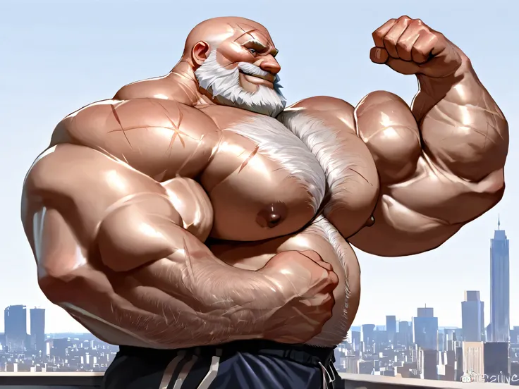 solo, massive muscular old man, white hair, shorts, bearded, nipples, gray beard, bald, smile, thick arms, huge pectoral, wide pectoral, big chest, flexing chest, side view, scar on face, highly detailed, 8k, Masterpiece, Anatomically Correct, Best Quality...