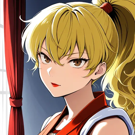 portrait,((middle part with curtain bangs)),wavy hair from side,.parted curtain bangs. tsurime, maki genryusai. facing viewer 、feathered light bangs、 1girl, genryuusai maki, high ponytail, blonde hair, brown eyes, red scrunchies ,Long hair ,center-flap b...