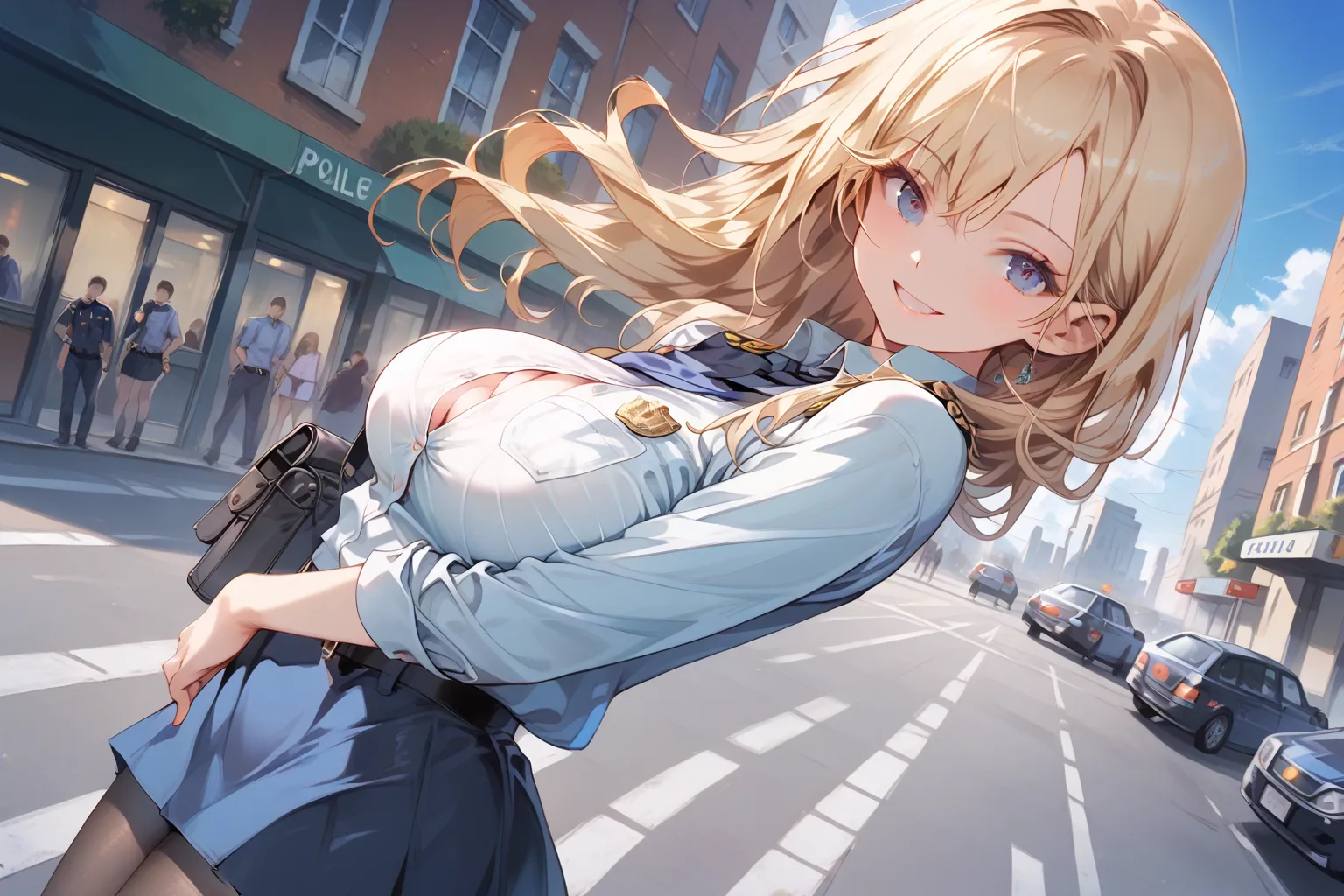 Wearing police outfit, miniskirt, pantyhose, button gap, Wearing police outfit, miniskirt, pantyhose, button gap, No hat, blonde hair, large breasts,
street, dutch angle, ((1 girl, solo)),
score_9, score_8_up, score_7_up, masterpiece, best quality, absurdr...