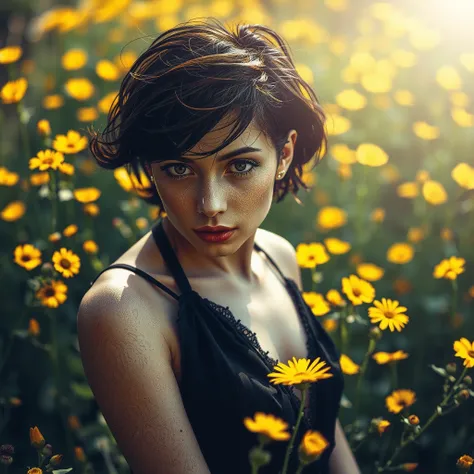 Professional photographic shot of a striking woman with short, slightly tousled dark brown hair, deep-set eyes, captivating intensity, gazes directly at the viewer, standing in a field of wild yellow flowers, lush greenery, contrast elegant presence and ra...