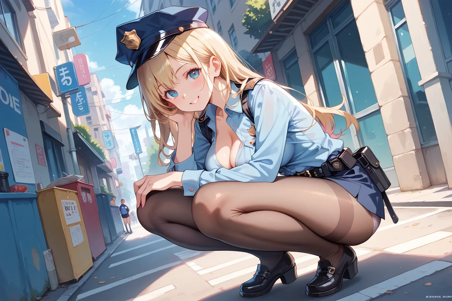 Wearing police outfit, miniskirt, pantyhose, button gap, Wearing police outfit, miniskirt, pantyhose, button gap, No hat, blonde hair, large breasts,
street, dutch angle, ((1 girl, solo)),loli,
score_9, score_8_up, score_7_up, masterpiece, best quality, ab...