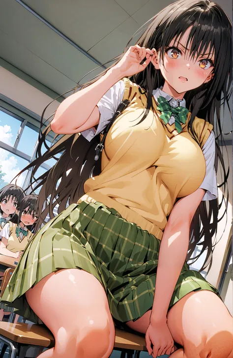 Yuikotegawa,  Yui Kotegawa , Alone,black hair, brown eyes, long hair,Big Breasts,
green skirt, thigh plaid, thigh plaid skirt, sainan high school uniform, school uniform, skirt, sweater vest,  yellow sweater, Short sleeve, black high socks,standing,skirtタグ...